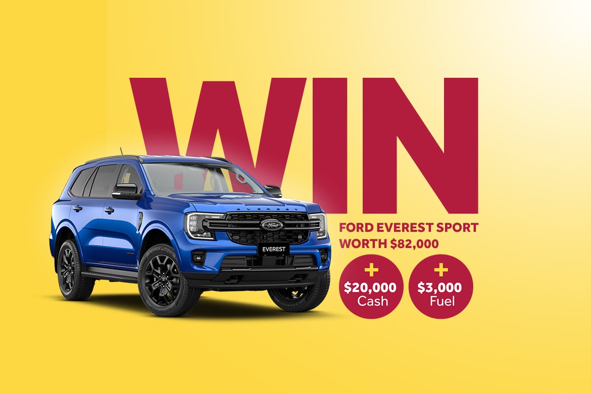 Blue Ford Everest in front of yellow background with maroon text WIN Ford Everest Sport worth $82,000 and two icons plus $20,000 cash and plus $3,000 Fuel